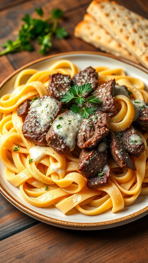 Creamy Steak Alfredo Pasta Recipe Creamy steak Alfredo pasta with fettuccine, steak slices, and parsley on a rustic table.